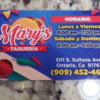 Mary's Taqueria - Business Card - Mexican Near Me - Ontario, California