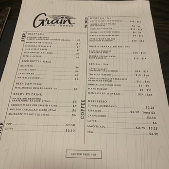 Grain Food Lounge - Drink Menu - Canadian (New) Near Me - Kitchener, Ontario