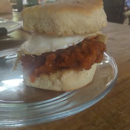 Fried Chicken breakfast sandwich with added over-medium egg