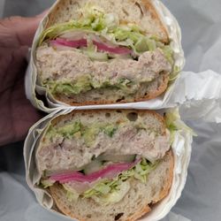 Rosie's sandos pop-up: Salty Catch - olive oil poached hamachi, pickled shallot & purple daikon, cucumber, avocado, aioli, Acme roll
