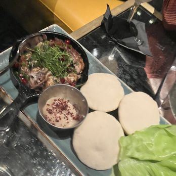 ilili DC - DUCK SHAWARMA pita pillows, fig toum, pomegranate seeds, micro chives - Lebanese Near Me - Washington, DC, District of Columbia