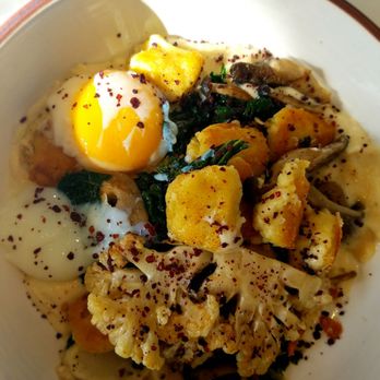 Goat Tree - The cheddar gnocchi dish with mushrooms, kale, cauliflower, and an egg that I cut my fork into and it didn't even run - Cafes Near Me - Santa Barbara, California Goat Tree - The cheddar gnocchi dish with mushrooms, kale, cauliflower, and an egg that I cut my fork into and it didn't even run - Cafes Near Me - Santa Barbara, California