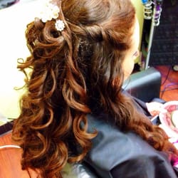 A Cut Above Salon - Beautiful cascading curls put half up for a formal event by Melissa