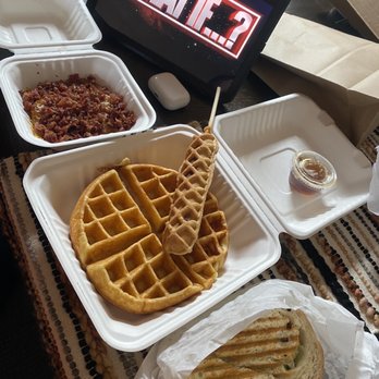 Red Elm Cafe - Waffle, Waffle Dog, Chicken Avocado, Something with Bacon Cheddar Hash Browns - Cafes Near Me - Tacoma, Washington
