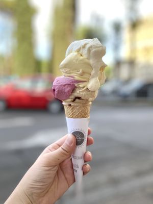 Photo of La Romana - Rome, RM, IT. Ginger pear, Blackberry/elderberry/lemon, Cream w/chocolate filled cone (basically Nutella) and Eggnog whipped cream - €3.50