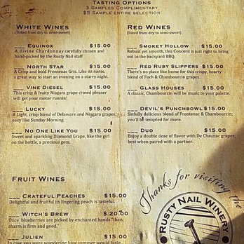 The Rusty Nail Winery - Tasting sheet. So many unique grapes! - Wine Tasting Room Near Me - Martinsburg, West Virginia The Rusty Nail Winery - Tasting sheet. So many unique grapes! - Wine Tasting Room Near Me - Martinsburg, West Virginia