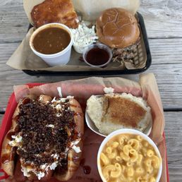 Hot Dogs with Macaroni and Cheese and Mashed Potatoes and the Pound Hickory Smoked Pulled Pork with Best Baked Beans and Jalapeno Cornbread