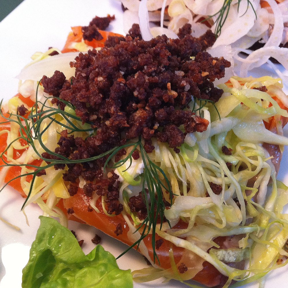 Aamanns Etablissement - Salmon with Cabbage, Dill and Crispy Bacon Smørrebrød - Open Sandwiches Near Me - Copenhagen, 84 Aamanns Etablissement - Salmon with Cabbage, Dill and Crispy Bacon Smørrebrød - Open Sandwiches Near Me - Copenhagen, 84