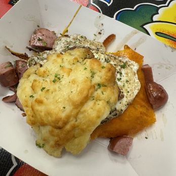 Biscuitclub - Grilled Cheese Biscuit with over easy egg and reindeer sausage - Coffee & Tea Near Me - Anchorage, Alaska