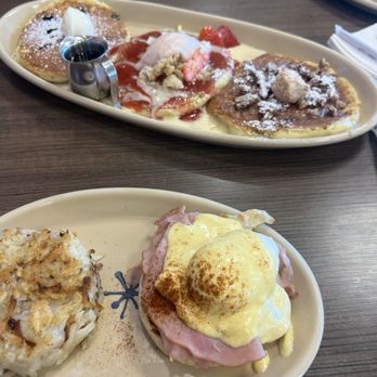 Snooze, an A.M. Eatery - Pancake flight (Strawberry Shortcake, Cinnamon Roll, and Blueberry) Half Eggs Benedict - Breakfast & Brunch Near Me - Buford, Georgia Snooze, an A.M. Eatery - Pancake flight (Strawberry Shortcake, Cinnamon Roll, and Blueberry) Half Eggs Benedict - Breakfast & Brunch Near Me - Buford, Georgia