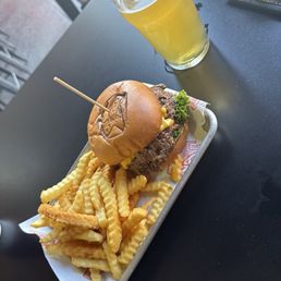 4 Sons Burger with crinkle cut fries, Strawberry Blonde 4 Sons Burger with crinkle cut fries, Strawberry Blonde