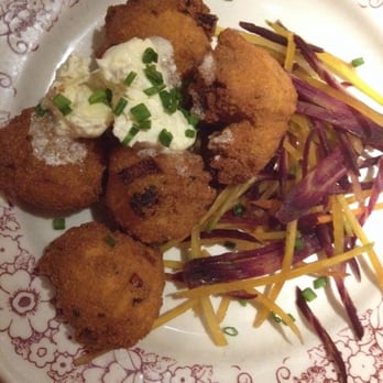 Hope & Olive - Hush puppies from the New Year's Eve Lo-country specials. Served with maple cream and beets. - American Near Me - Greenfield, Massachusetts Hope & Olive - Hush puppies from the New Year's Eve Lo-country specials. Served with maple cream and beets. - American Near Me - Greenfield, Massachusetts