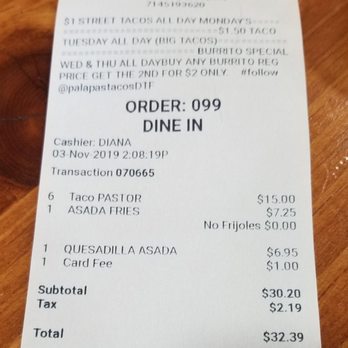 Palapa - $1 credit card fee without even letting me know - Mexican Near Me - Fullerton, California