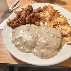 Ace's Country Cupboard - Sausage & biscuits w/hash browns & corn beef hash.