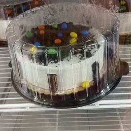 M&M cake in the store fridge
