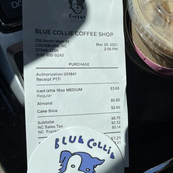 Blue Collie Coffee - a cup of coffee and a menu - Coffee & Tea Near Me - Louisburg, North Carolina