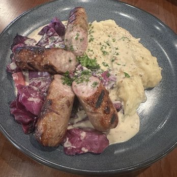 Fuzio Universal Bistro - Oktoberfest Special: Bratwurst, Red Cabbage and Mashed Potatoes with white gravy - New American Near Me - Modesto, California Fuzio Universal Bistro - Oktoberfest Special: Bratwurst, Red Cabbage and Mashed Potatoes with white gravy - New American Near Me - Modesto, California