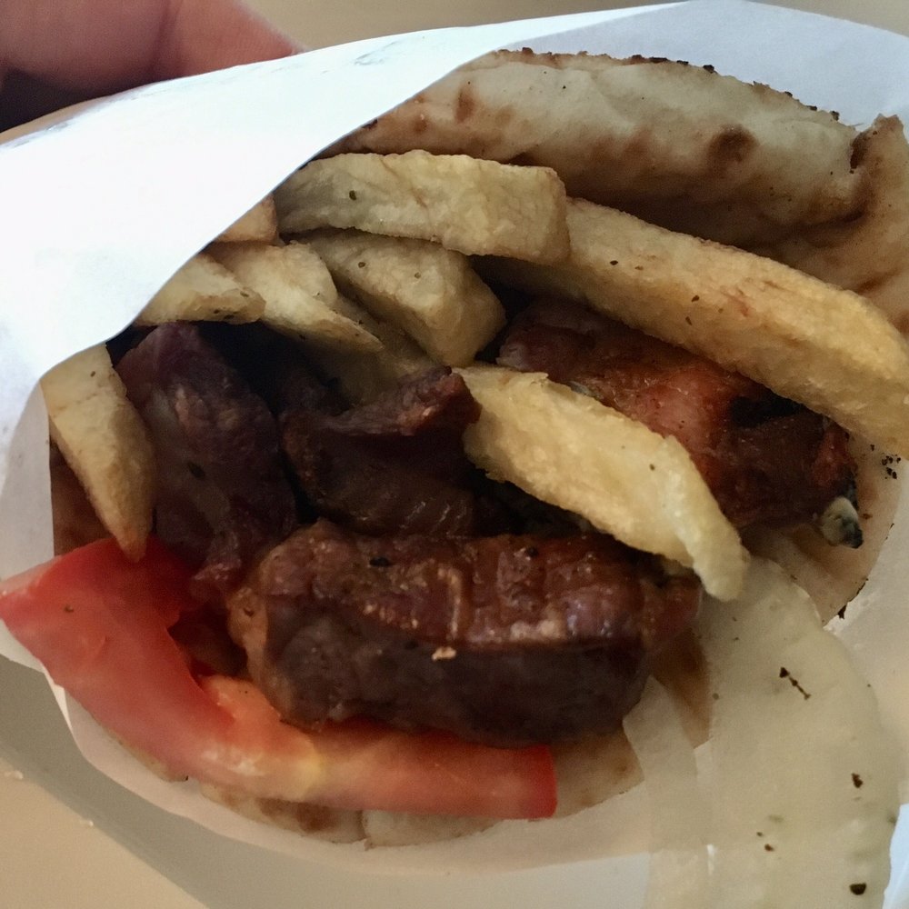 El Greco Grill - Pork Souvlaki Pita (Fries, Tomatoes, Onions, Tzatziki Sauce, $10.50)- 3/5 stars - Greek Near Me - Campbell, California El Greco Grill - Pork Souvlaki Pita (Fries, Tomatoes, Onions, Tzatziki Sauce, $10.50)- 3/5 stars - Greek Near Me - Campbell, California