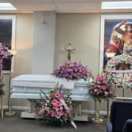 Casket and flower arrangements