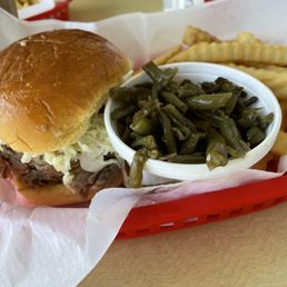 Pulled pork BBQ - Pulled with coleslaw on top, green beans and fries - all very good!