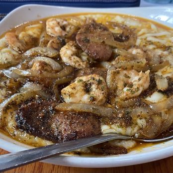 Dame's Chicken & Waffles - Shrimp and Grits.  It was swimming in grease! - Southern Near Me - Durham, North Carolina