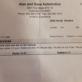 Alan and Sons - Honest Mechanic Invoice - Auto Repair Near Me - Livermore, California Alan and Sons - Honest Mechanic Invoice - Auto Repair Near Me - Livermore, California