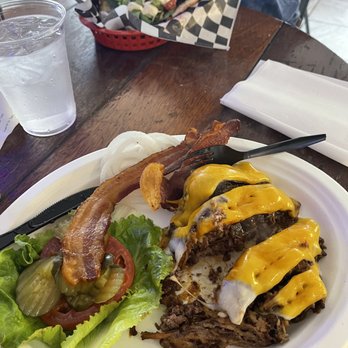 Elwood's Shack - Cowboy burger with no bun and after I sliced it! Oh so good!!! - Barbeque Near Me - Memphis, Tennessee Elwood's Shack - Cowboy burger with no bun and after I sliced it! Oh so good!!! - Barbeque Near Me - Memphis, Tennessee
