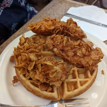 Le Petit Café - Corn flake encrusted chicken and waffles - Coffee & Tea Near Me - Brooklyn, New York Le Petit Café - Corn flake encrusted chicken and waffles - Coffee & Tea Near Me - Brooklyn, New York
