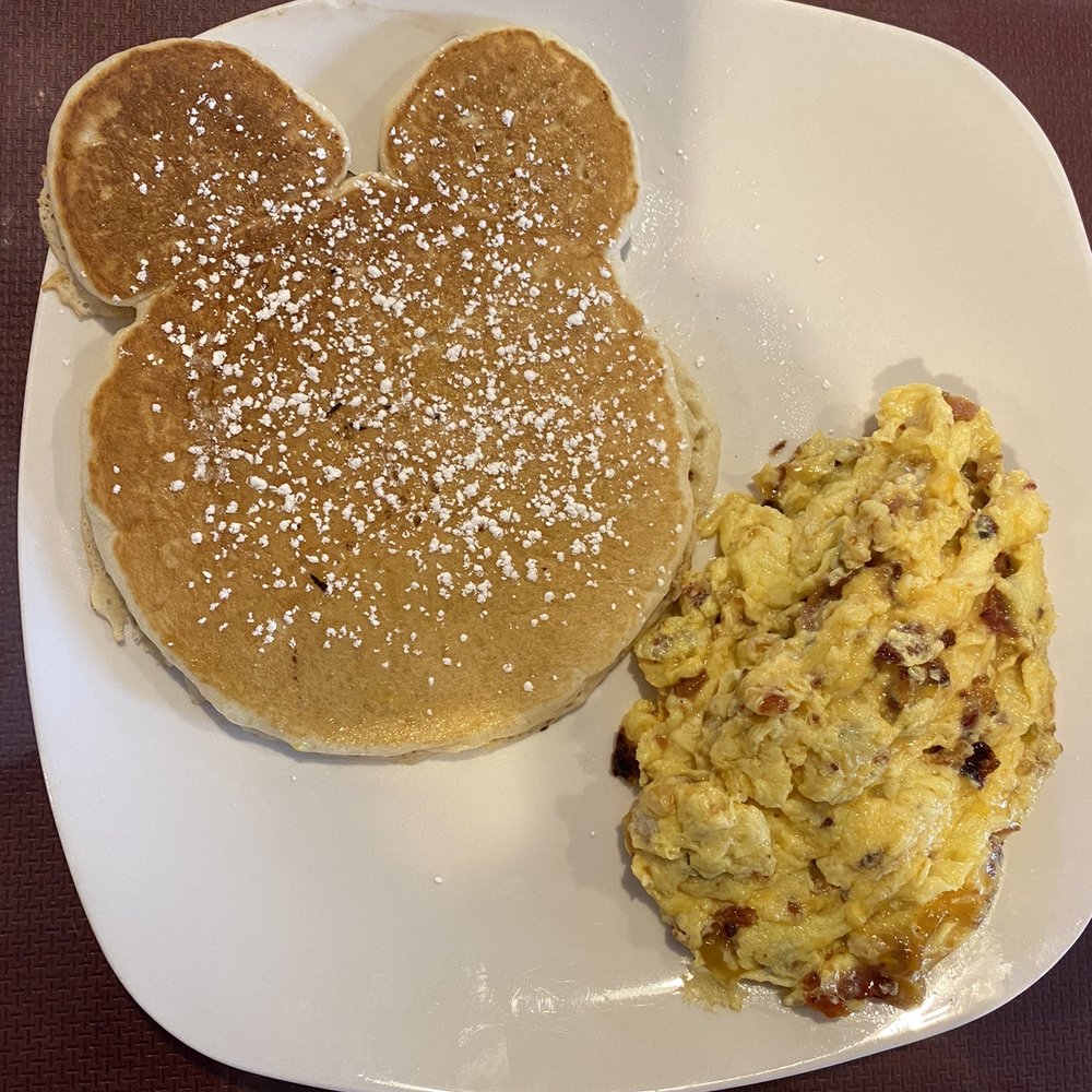 Kaye's Kitchen - This is a kid's made to order chocolate chip pancake and made to order meat and cheese eggs.  Our kids gobbled it up! - American Near Me - Newland, North Carolina