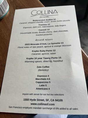 Menu photo 2 Collina San Francisco, CA