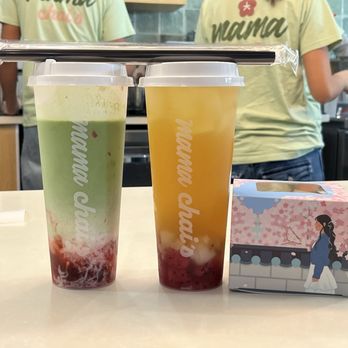 Mama Chai's - Strawberry Matcha and Lychee Dragonfruit Jasmine and Mochi donut in box - Desserts Near Me - Fullerton, California