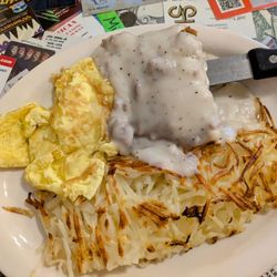 Roadrunner Cafe - country fried steak with hash browns and scrambled eggs