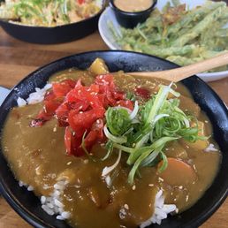 Curry don, tempura green beans, curry fries
