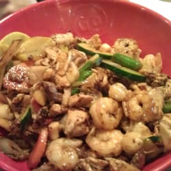 Genghis Grill - Shrimp, Scallops, Steak, Chicken & Crab - add some garllic & lime and steakhouse seasonings along with the honey soy and BAM!!