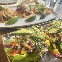 Tres tacos (chicken, steak, shrimp) and Butter Lettuce cups. Both Yum and great appetizers to share Tres tacos (chicken, steak, shrimp) and Butter Lettuce cups. Both Yum and great appetizers to share