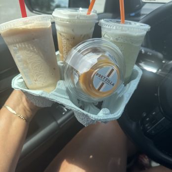 Biggby Coffee - Strawberry Matcha, Sweet Foam White Lightning Cold Brew, Sun of a Peach Creme Freeze, and pretzel bites with cheese - Coffee & Tea Near Me - Columbus, Ohio