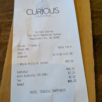 Curious Cantina - The bill for my to-go order with the 20% surcharge - New Mexican Cuisine Near Me - Peachtree City, Georgia Curious Cantina - The bill for my to-go order with the 20% surcharge - New Mexican Cuisine Near Me - Peachtree City, Georgia