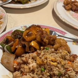 Prawn Garden Restaurant - BBQ fried rice, beef & peppers in black bean sauce, dry garlic boneless pork