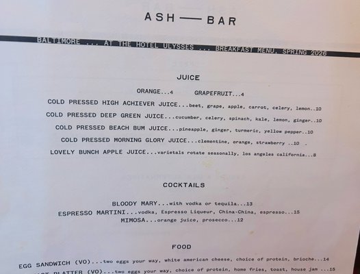 Menu photo 1 Ash Bar Baltimore, MD