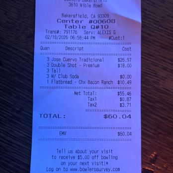 Bowlero Bakersfield - Receipt - Bowling Near Me - Bakersfield, California