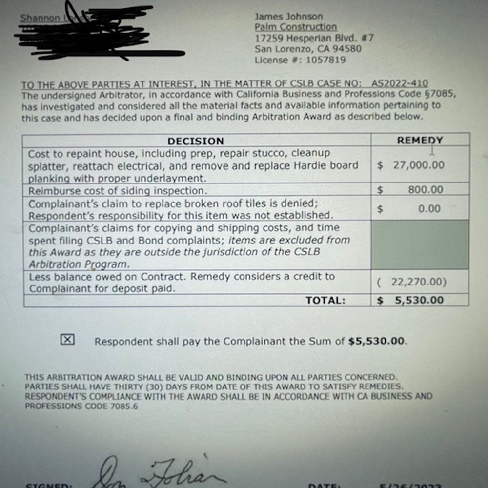 Palm Construction - This is proof of the arbitration award you won't see on their CSLB license - Decks & Railing Near Me - La Mesa, California Palm Construction - This is proof of the arbitration award you won't see on their CSLB license - Decks & Railing Near Me - La Mesa, California
