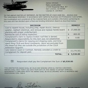 Palm Construction - This is proof of the arbitration award you won't see on their CSLB license - Decks & Railing Near Me - La Mesa, California Palm Construction - This is proof of the arbitration award you won't see on their CSLB license - Decks & Railing Near Me - La Mesa, California