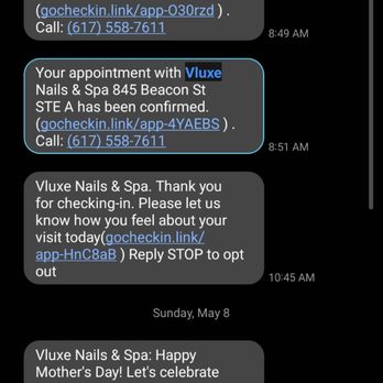 V-Luxe Nails & Spa - Here's the text confirmation that not only shows the date, but got a confirmation and that we checked in. - Nail Salons Near Me - Newton, Massachusetts V-Luxe Nails & Spa - Here's the text confirmation that not only shows the date, but got a confirmation and that we checked in. - Nail Salons Near Me - Newton, Massachusetts