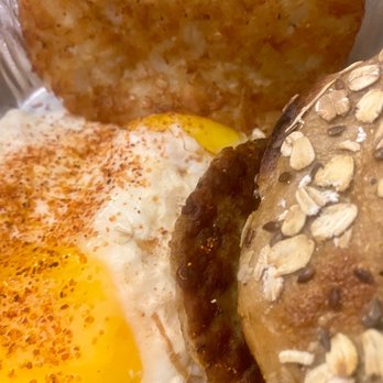 Putnam Valley Market - Sunny side up eggs Hasbrown patty sausage patty and oat/flax bagel - Coffee & Tea Near Me - Putnam Valley, New York
