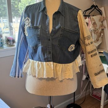 Average Joe's Vintage Collective - Upcycled gentle denim with antique lace and historic bank bag sleeve. - Used, Vintage & Consignment Near Me - Portland, Oregon