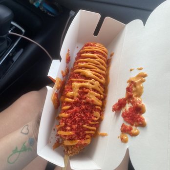 Two Hands Corn Dogs - Spicy Dog with half cheddar half mozzarella - Hot Dogs Near Me - Houston, Texas Two Hands Corn Dogs - Spicy Dog with half cheddar half mozzarella - Hot Dogs Near Me - Houston, Texas
