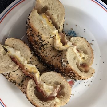 Manhattan Bagel - $5.49 for one egg, 2 strips of bacon, one slice of cheese, and a bagel! Way too small - Bagels Near Me - Narberth, Pennsylvania