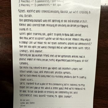 Roostar Vietnamese Grill - Note from the owners included in my to go order - Vietnamese Near Me - Houston, Texas Roostar Vietnamese Grill - Note from the owners included in my to go order - Vietnamese Near Me - Houston, Texas