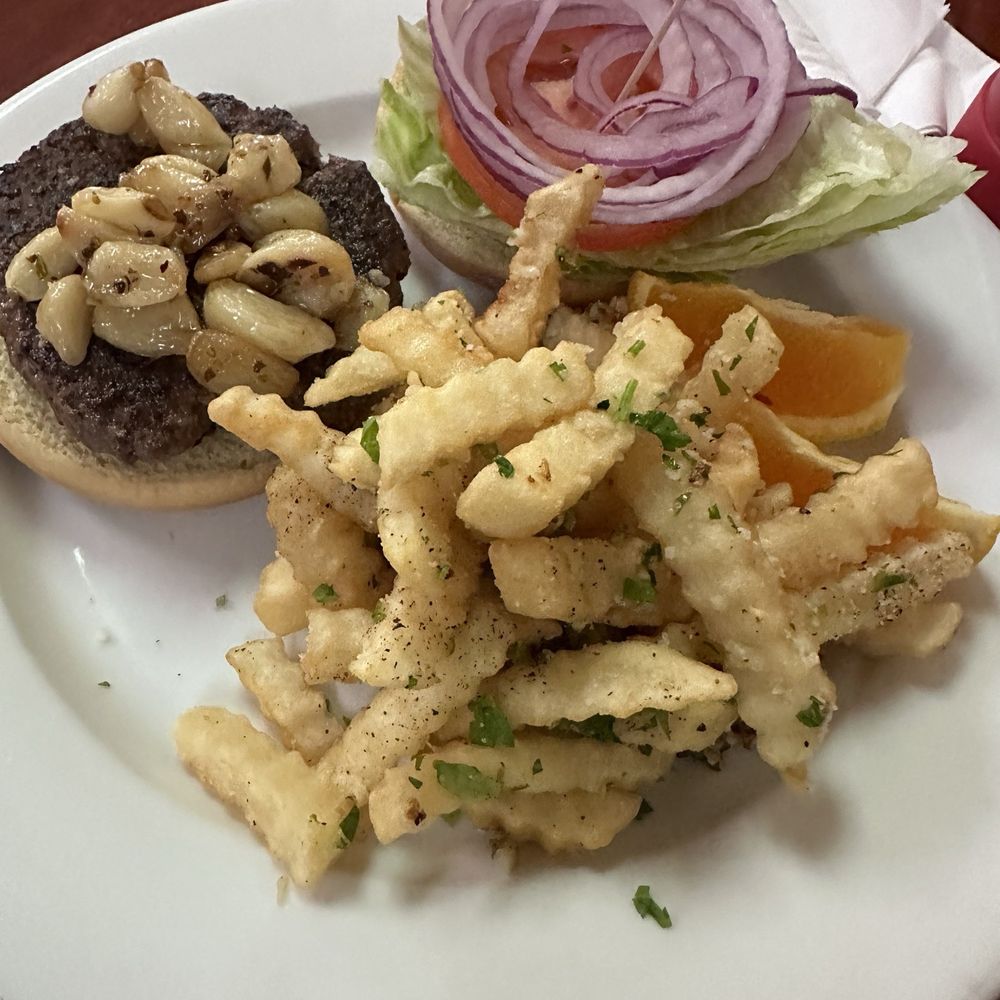 Garlic burger and fries Garlic burger and fries