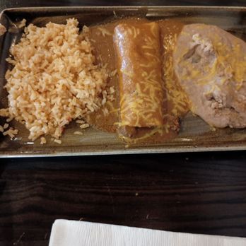 Azteca D' Oro Mexican Restaurant Winter Haven - Beef enchiladas, with red sauce, Spanish rice, and refried beans. - Mexican Near Me - Winter Haven, Florida
